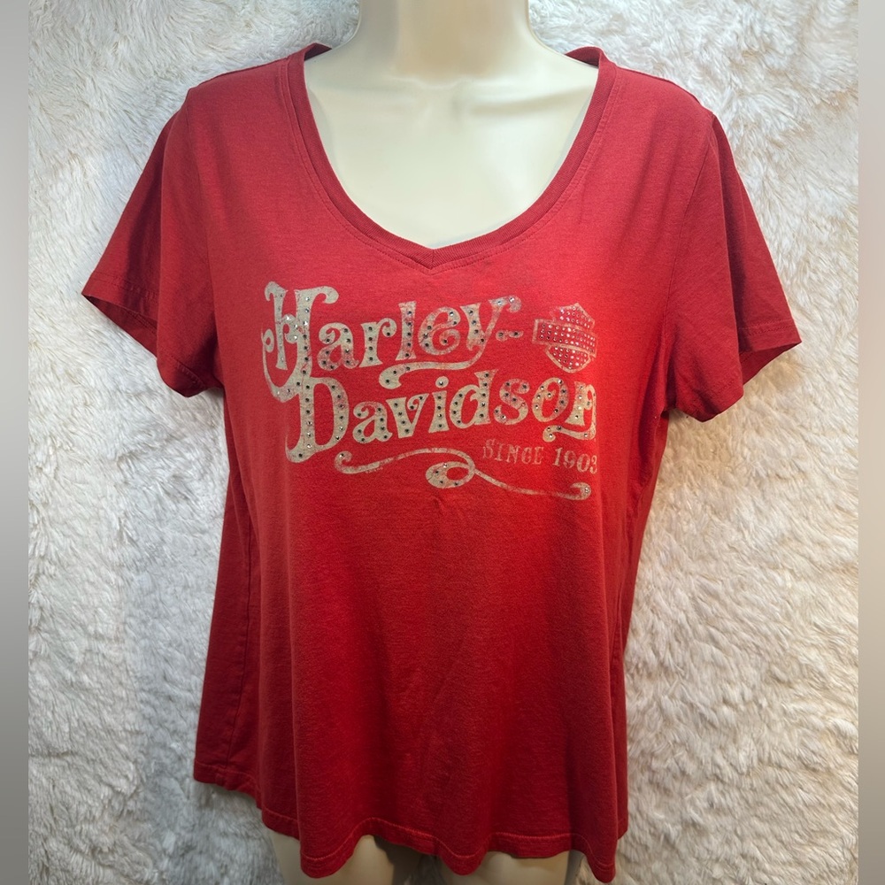 Harley Davidson Women's Red V Neck T-Shirt Sz L